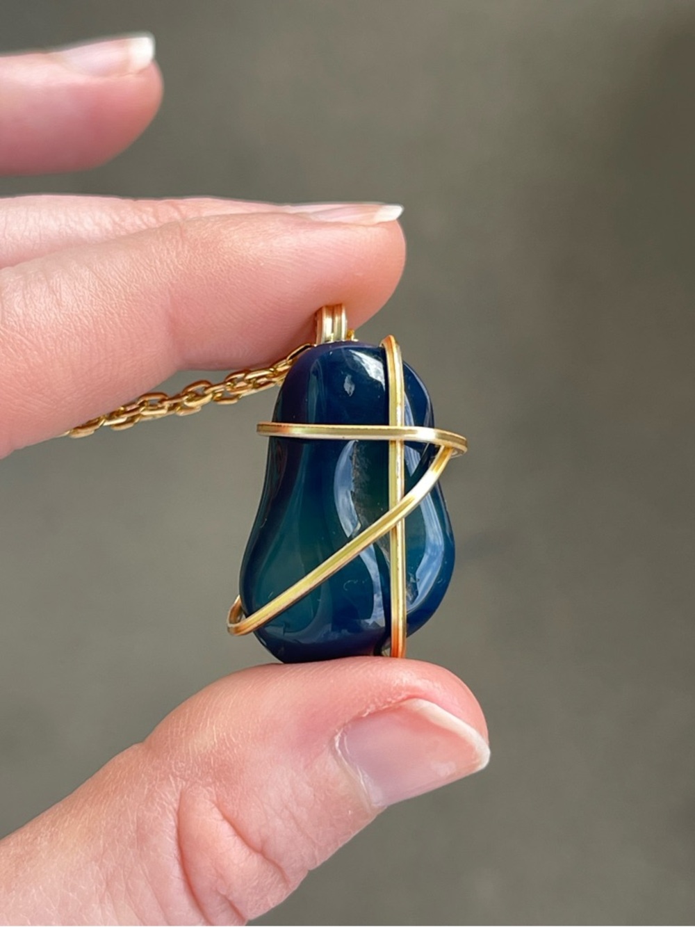 Blue Quartz Stainless Steel Gold Plated Chain Necklace Handmade